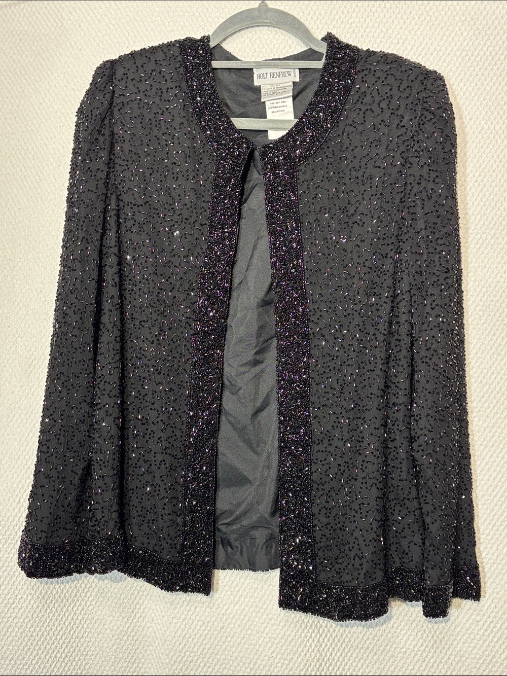 HOLT RENFREW Sz L Beaded Open Front Blazer Jacket 100% Silk Made in India
